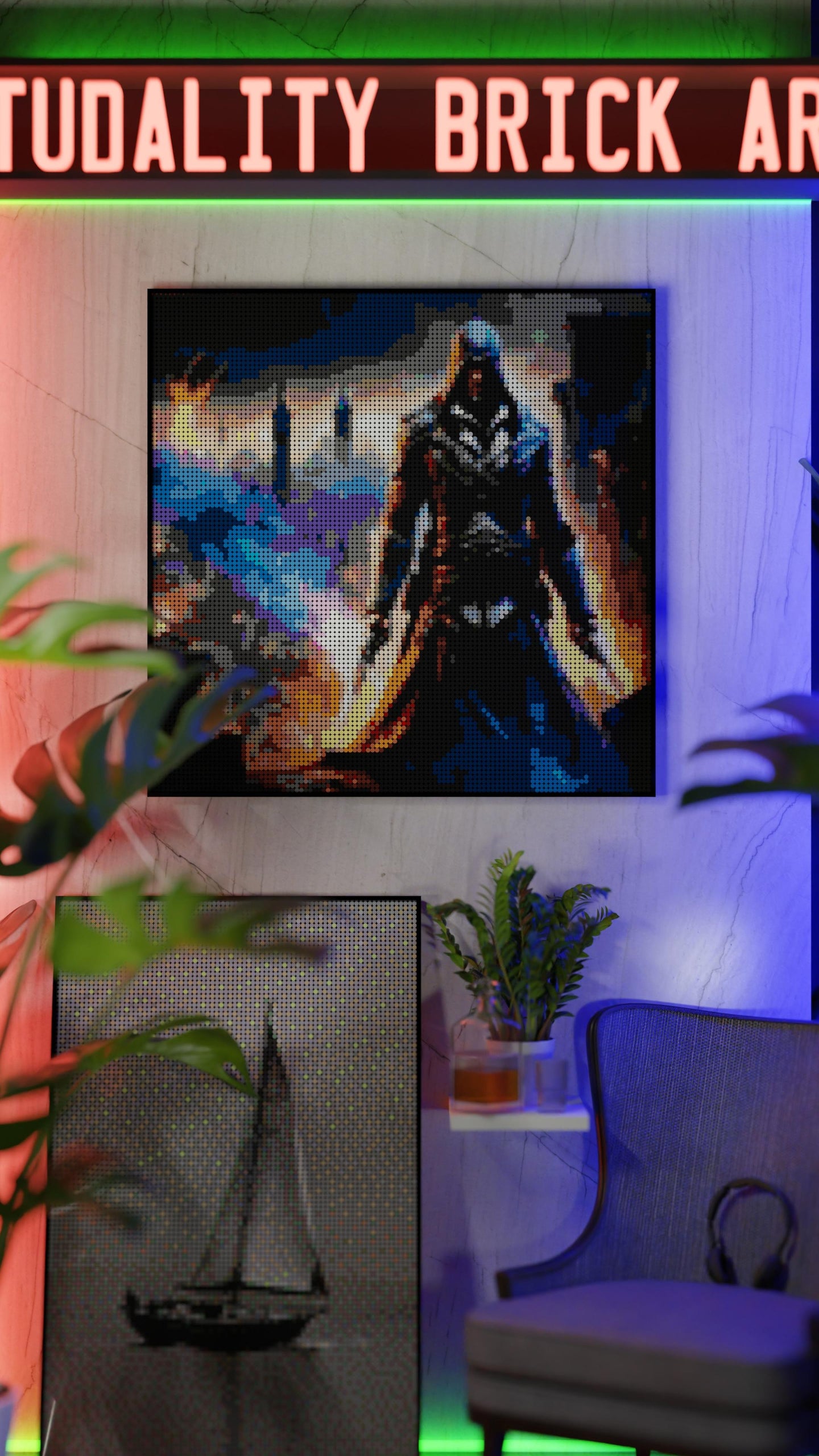 Assassins Creed LEGO® Style mosaic wall art made from colorful plastic bricks